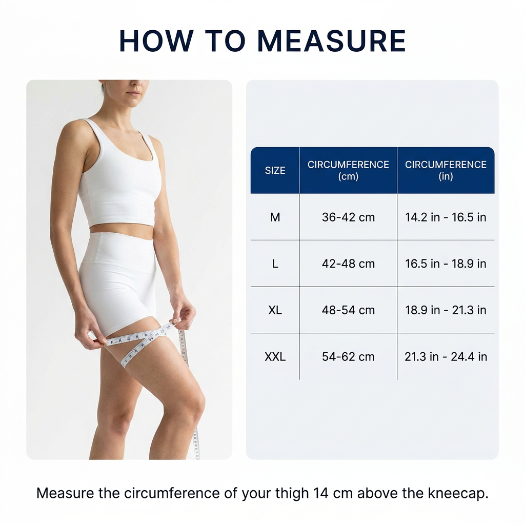 KINEO Pro Smart Knee Brace — sizing guide with thigh measurement and M/L/XL/XXL chart