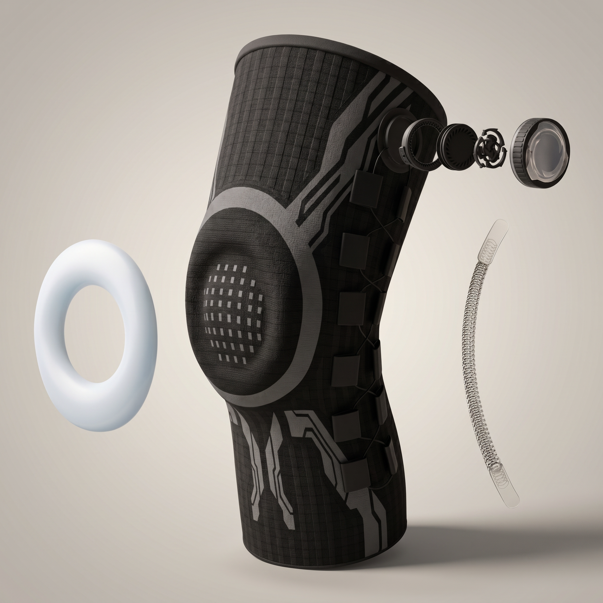 KINEO Pro Smart Knee Brace — Black colorway hero, premium grey studio background