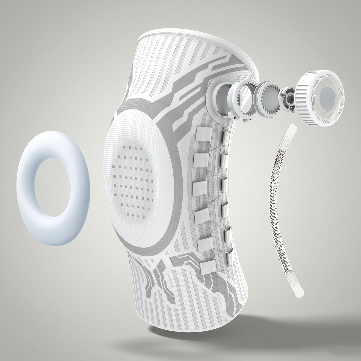 KINEO Pro Smart Knee Brace — White colorway hero, premium grey studio background