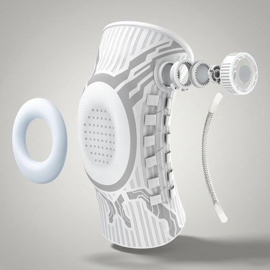 KINEO Pro Smart Knee Brace — White colorway hero, premium grey studio background