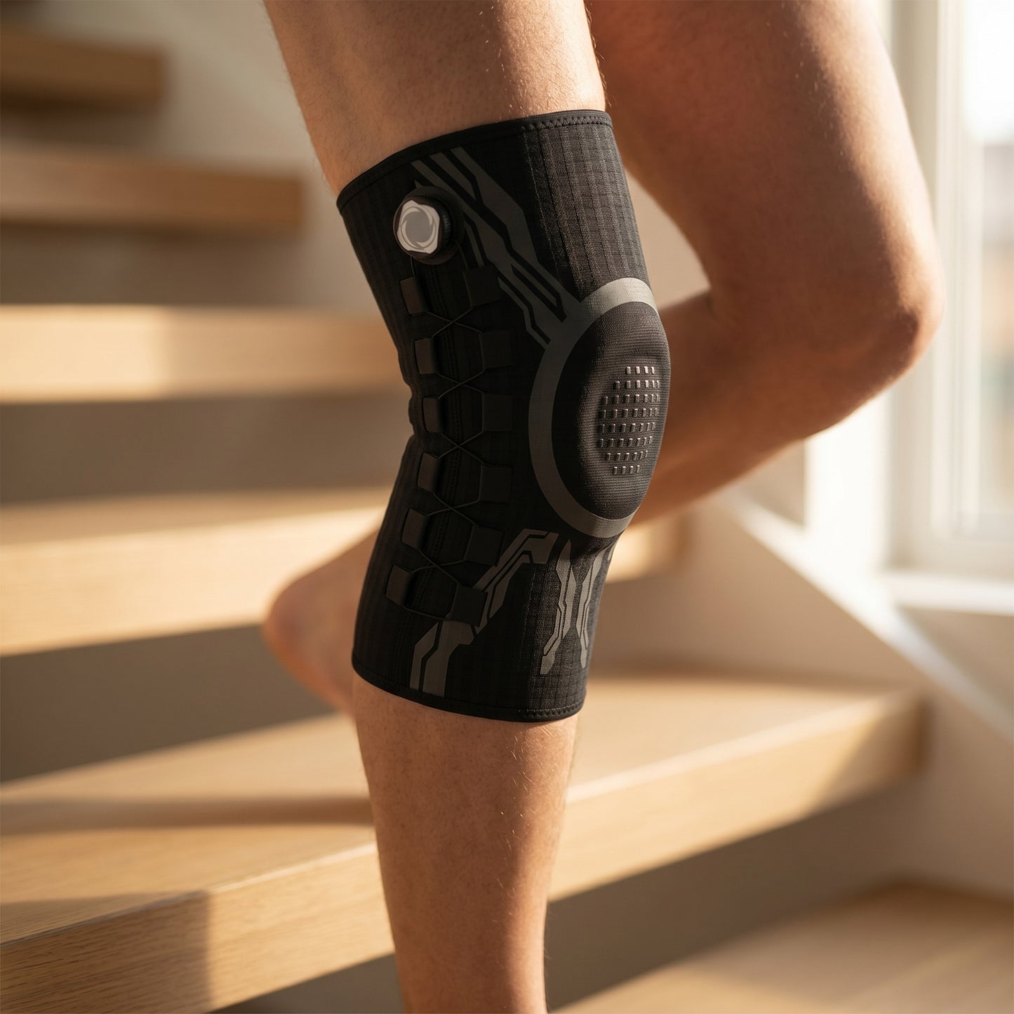KINEO Pro Smart Knee Brace — Black colorway worn on right knee descending wooden stairs in morning light